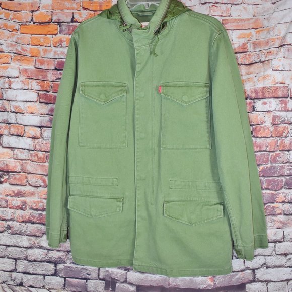 Levi's Medium Military Field Jacket Hidden Hood Army Green Parka - Picture 3 of 12